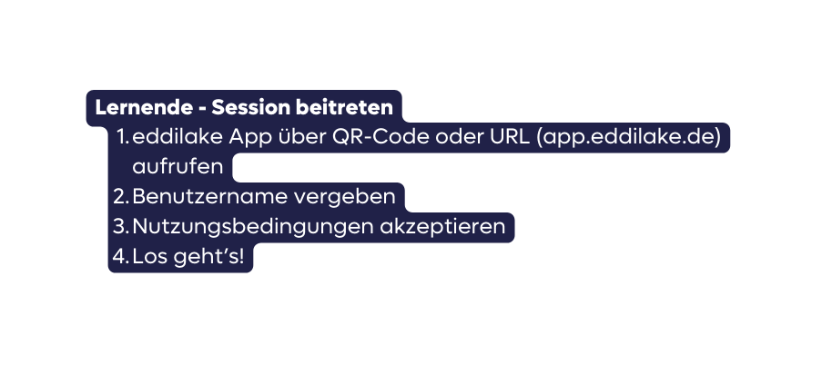 Lernende Session beitreten eddilake App über QR Code oder URL app eddilake de aufrufen Benutzername vergeben Nutzungsbedingungen akzeptieren Los geht s